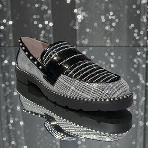 Betsey Johnson Darian Black White Gingham Beaded Loafer Slip On Shoes Sz 10